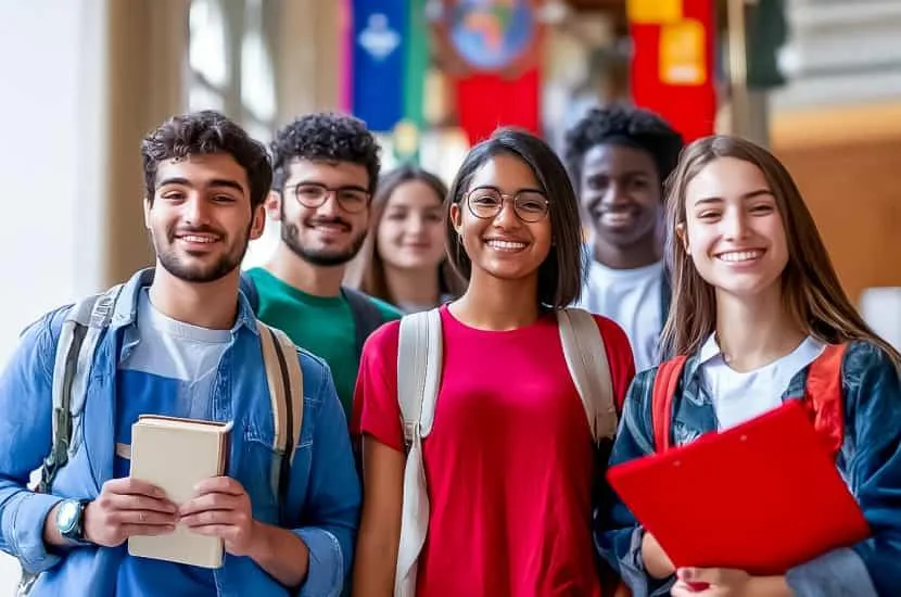 Group of international students in a university building