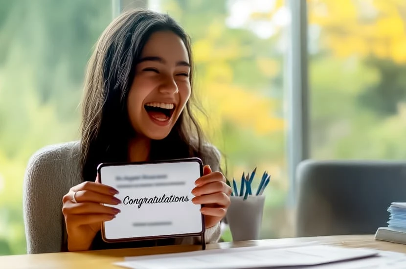 International student with a congratulations sign