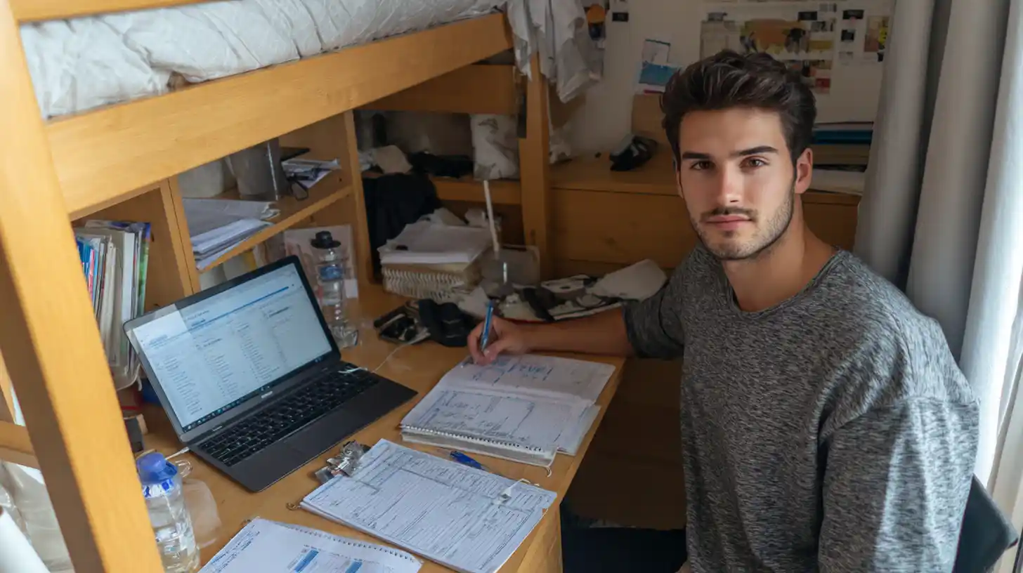 A serious international student at a small dorm desk, focused on a laptop and notes while planning a financial spreadsheet for an emergency budget.