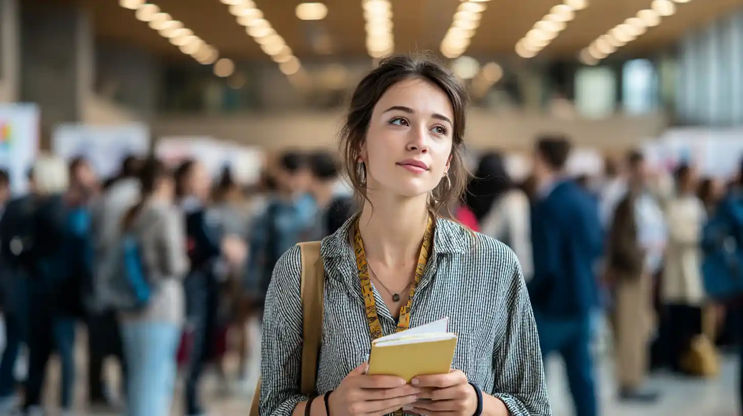 International postgraduate student at a busy career fair, holding a notebook and tote bag, scanning the room with curiosity and determination about post-study opportunities