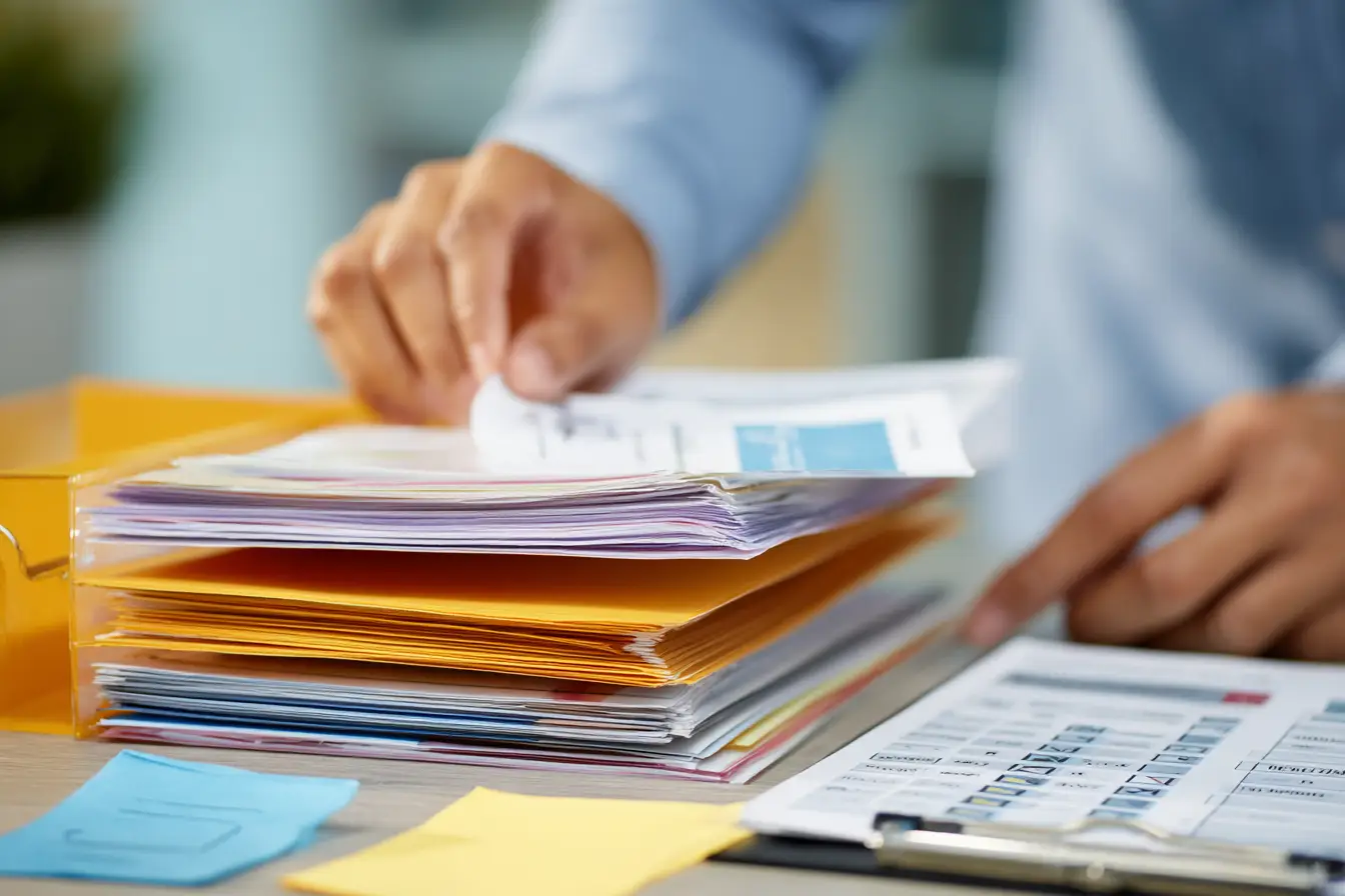 Hands organizing visa documents and checklist in a folder before interview.