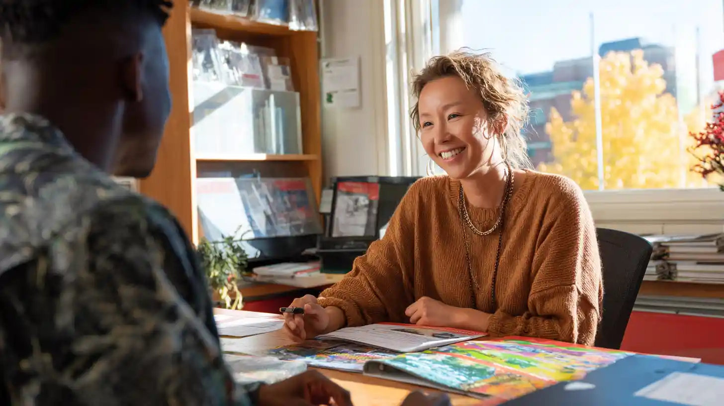 A university financial aid advisor showing a brochure to an international student in a welcoming office, with soft daylight coming through the window