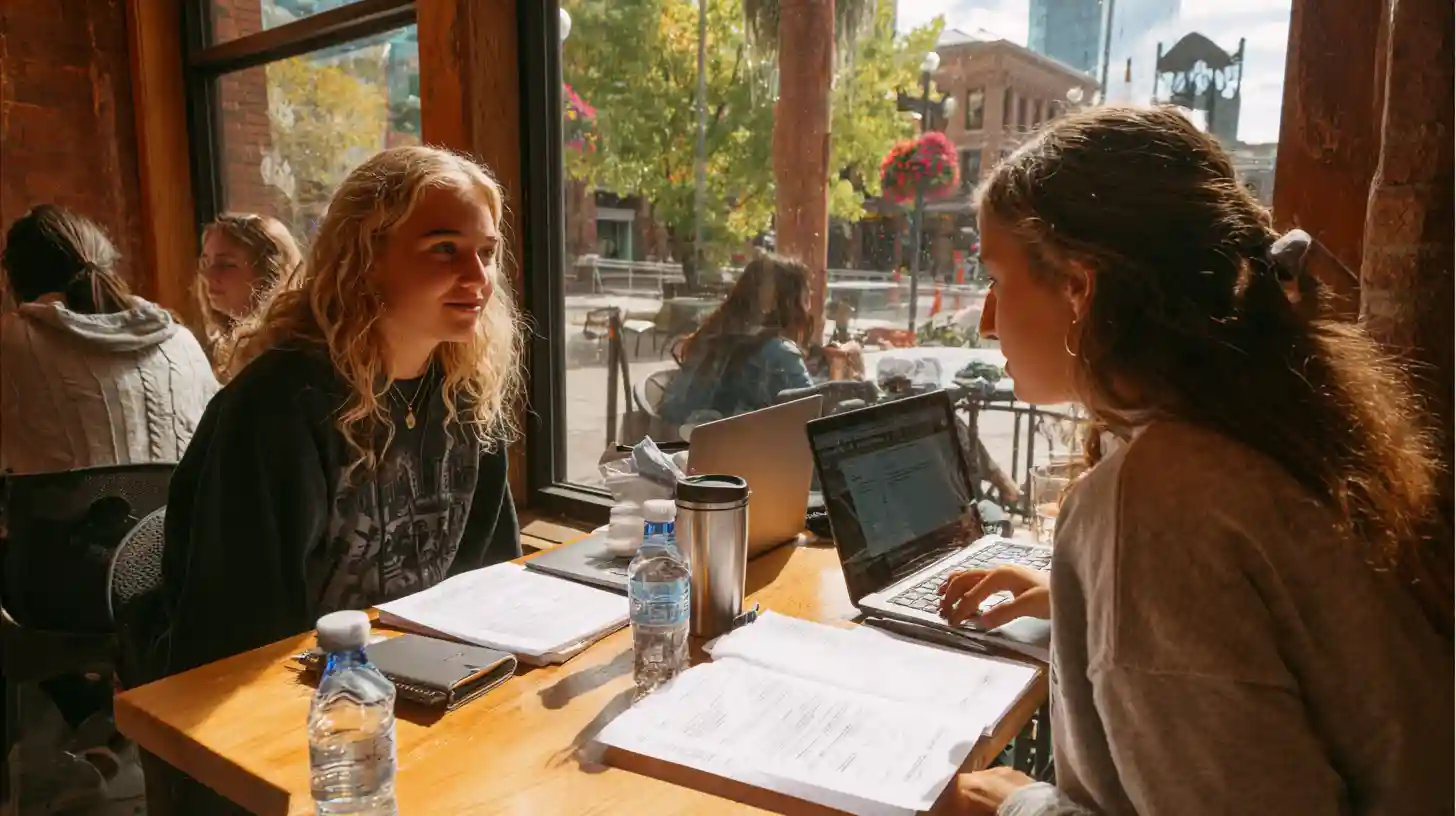 Two students practicing F-1 visa interview questions together at a café.
