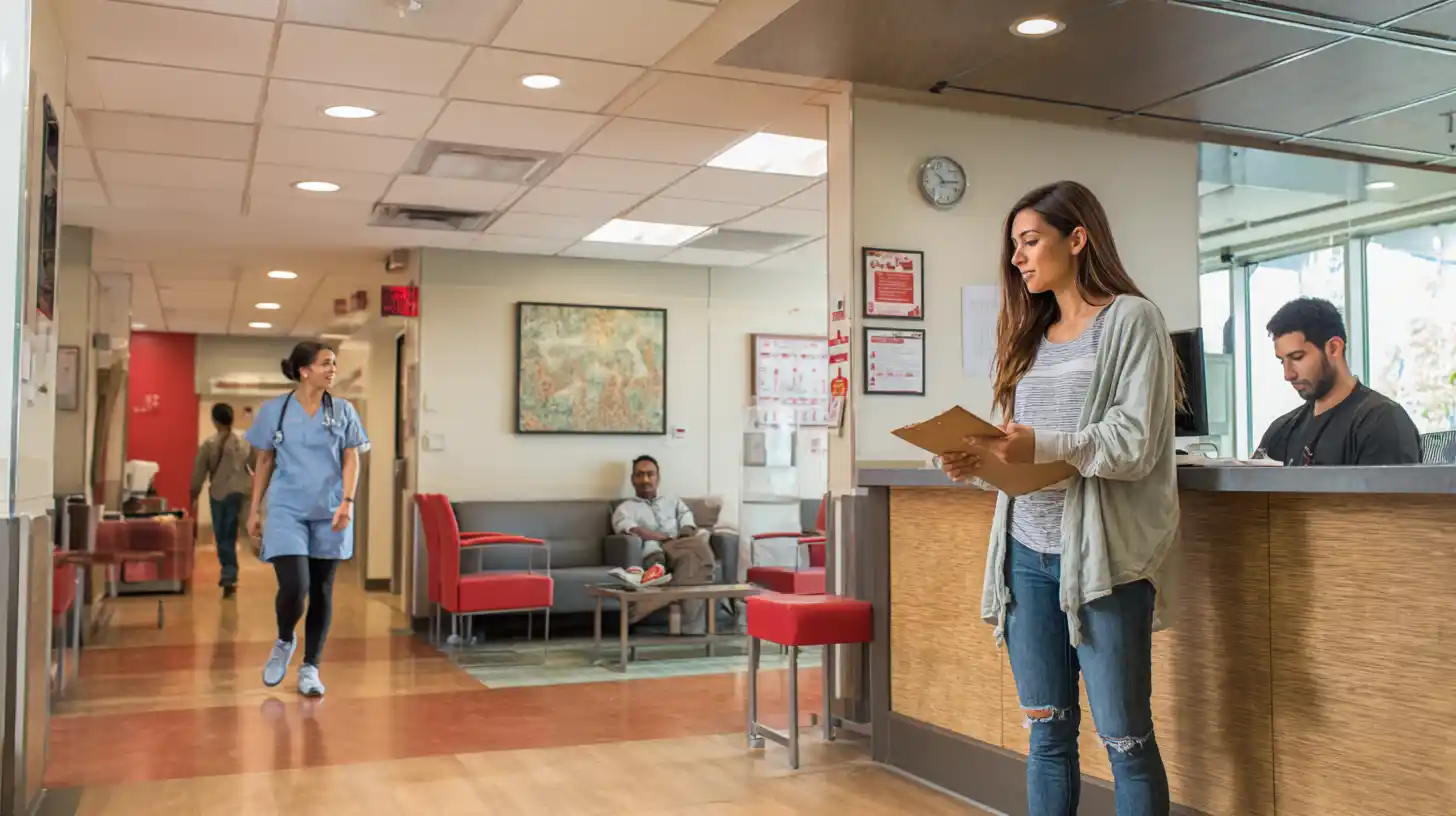 Student checks in at a bright, welcoming medical clinic.