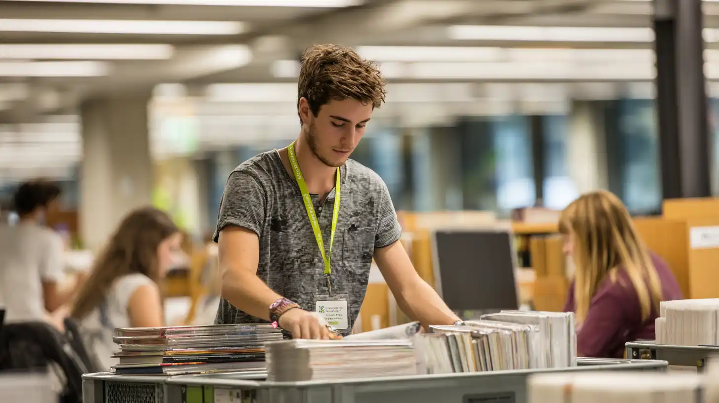 international student works part time in a university library with ID badge visible.