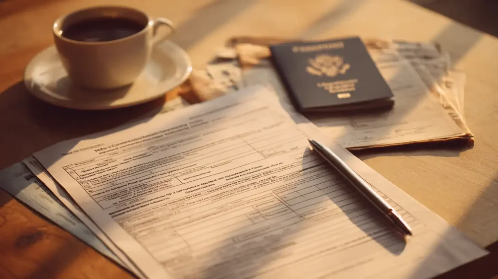 STEM OPT application packet with I-765 form, passport, and checklist on a desk.