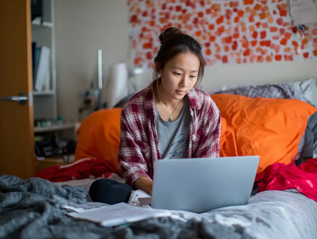 International student reviewing a checklist of Canada student visa requirements on a laptop in a bright dorm room.