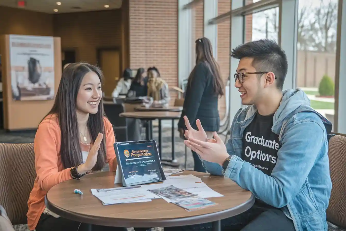 Prospective international student meeting admissions counselor with brochures, program info and campus activity in the background.