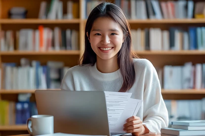 International student at a desk holding documents