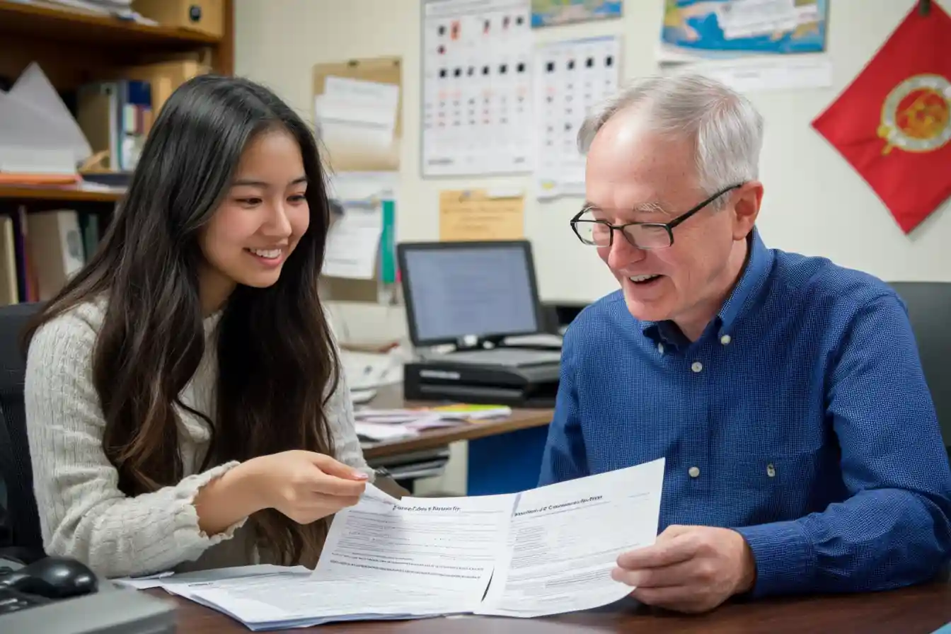 International student holding a job offer letter while discussing CPT paperwork with a professor in a university office.