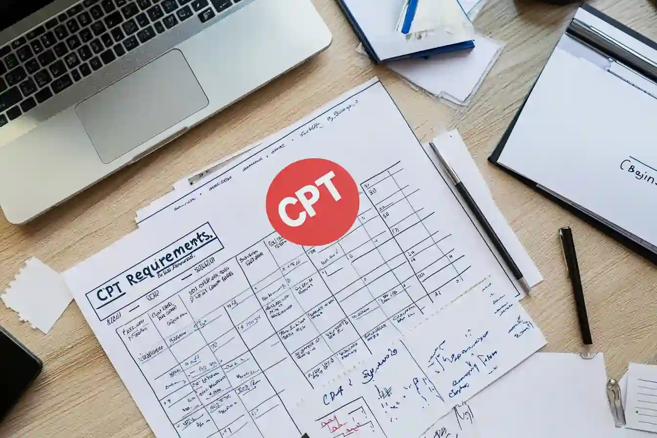 Overhead view of a student’s desk showing CPT documents, a calendar marked with the internship start date and a checklist.