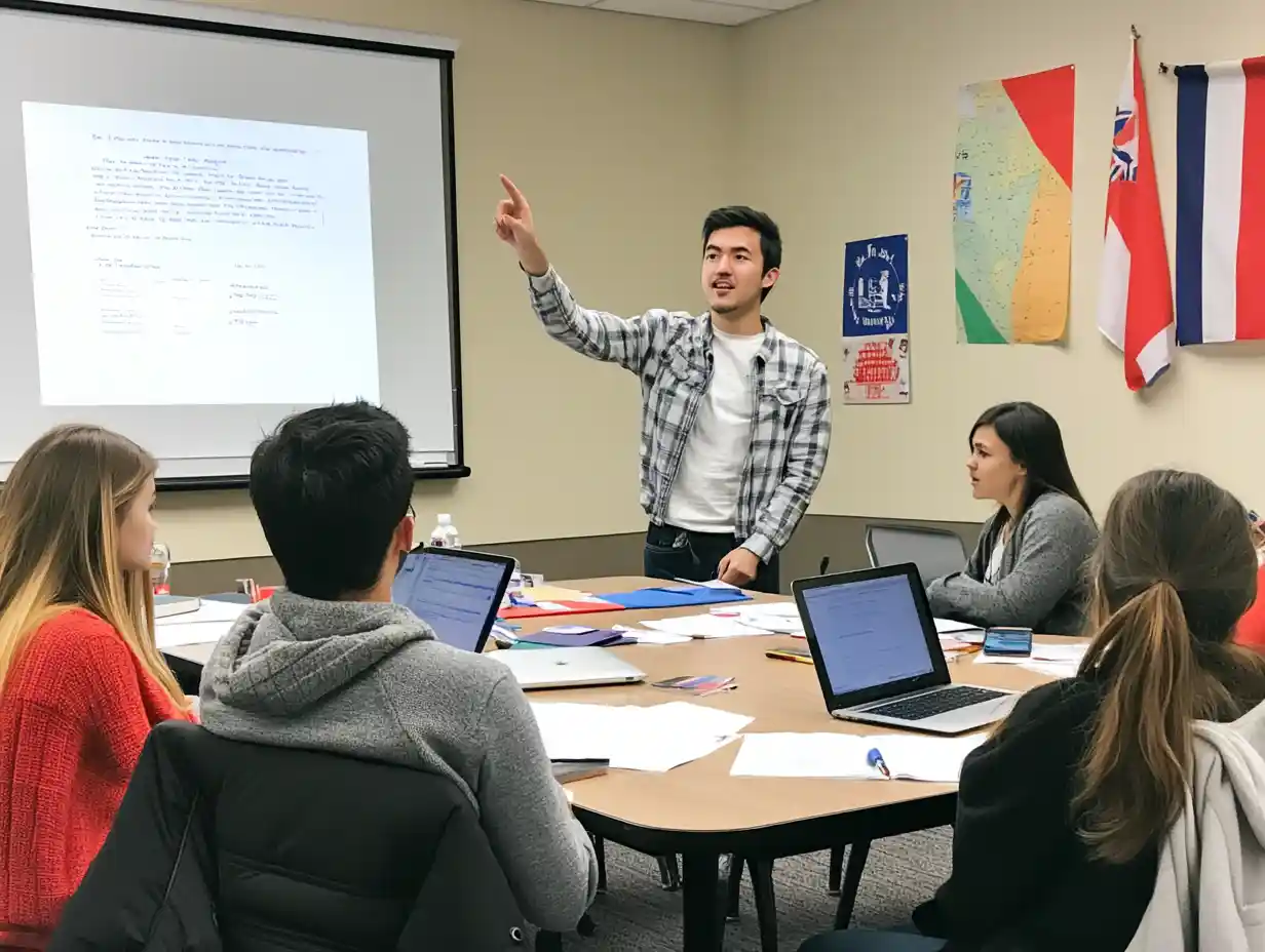 International students of various backgrounds participate in a lively group discussion in a modern classroom, with laptops, notes, and global flags decorating the space.