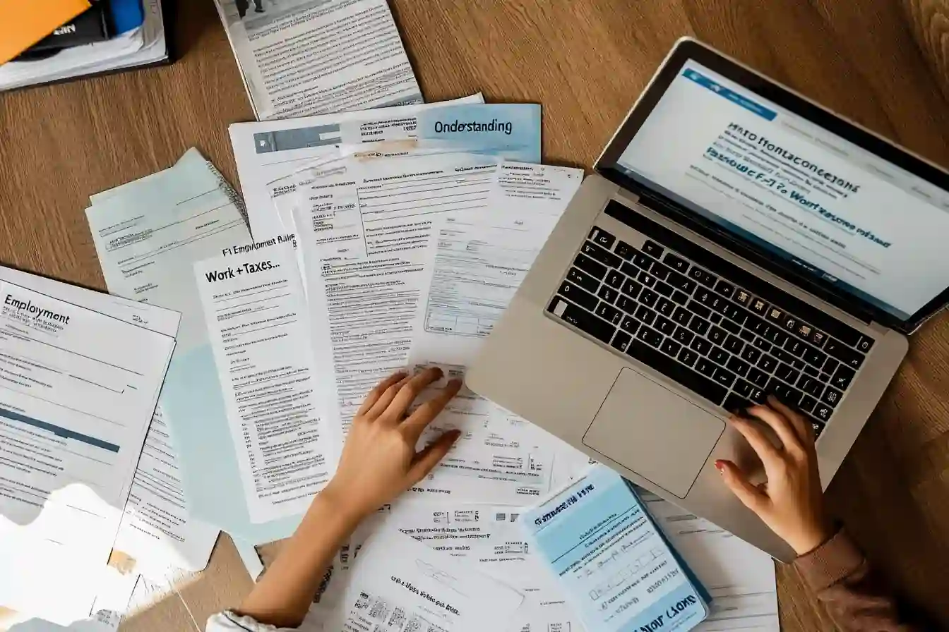 Overhead view of a student’s desk with CPT approval forms, Social Security application, tax forms, and a folder labeled “Work + Taxes”