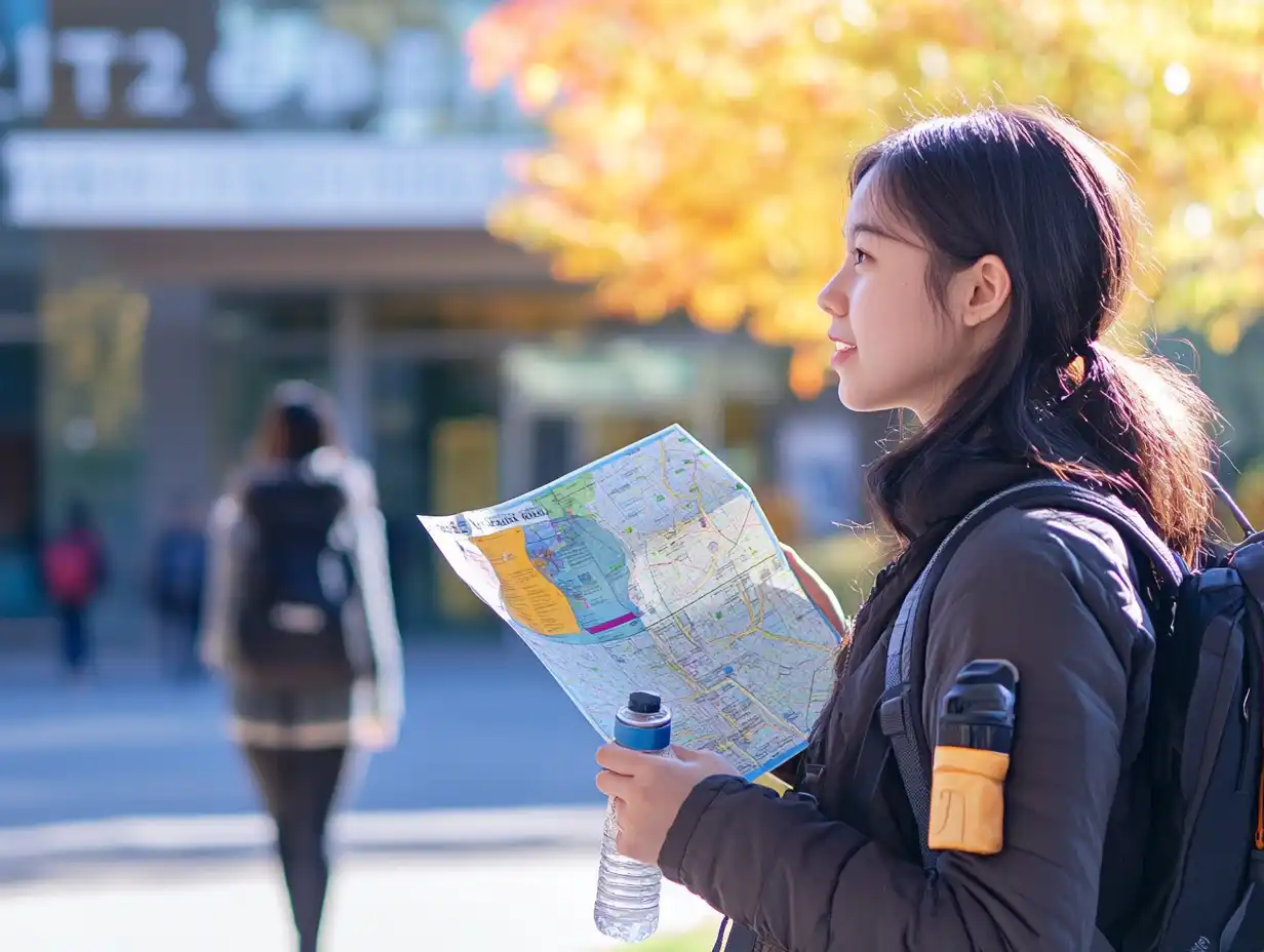 A first-time international student stands near a university welcome sign with a backpack, water bottle, and visible travel tags, symbolizing excitement and a fresh start on campus.