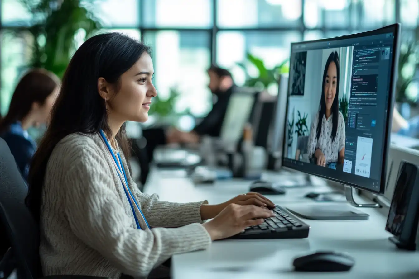 International graduate works at their desk during the first week of a full-time job, with analytics software on screen and a company badge visible, surrounded by collaborative colleagues.