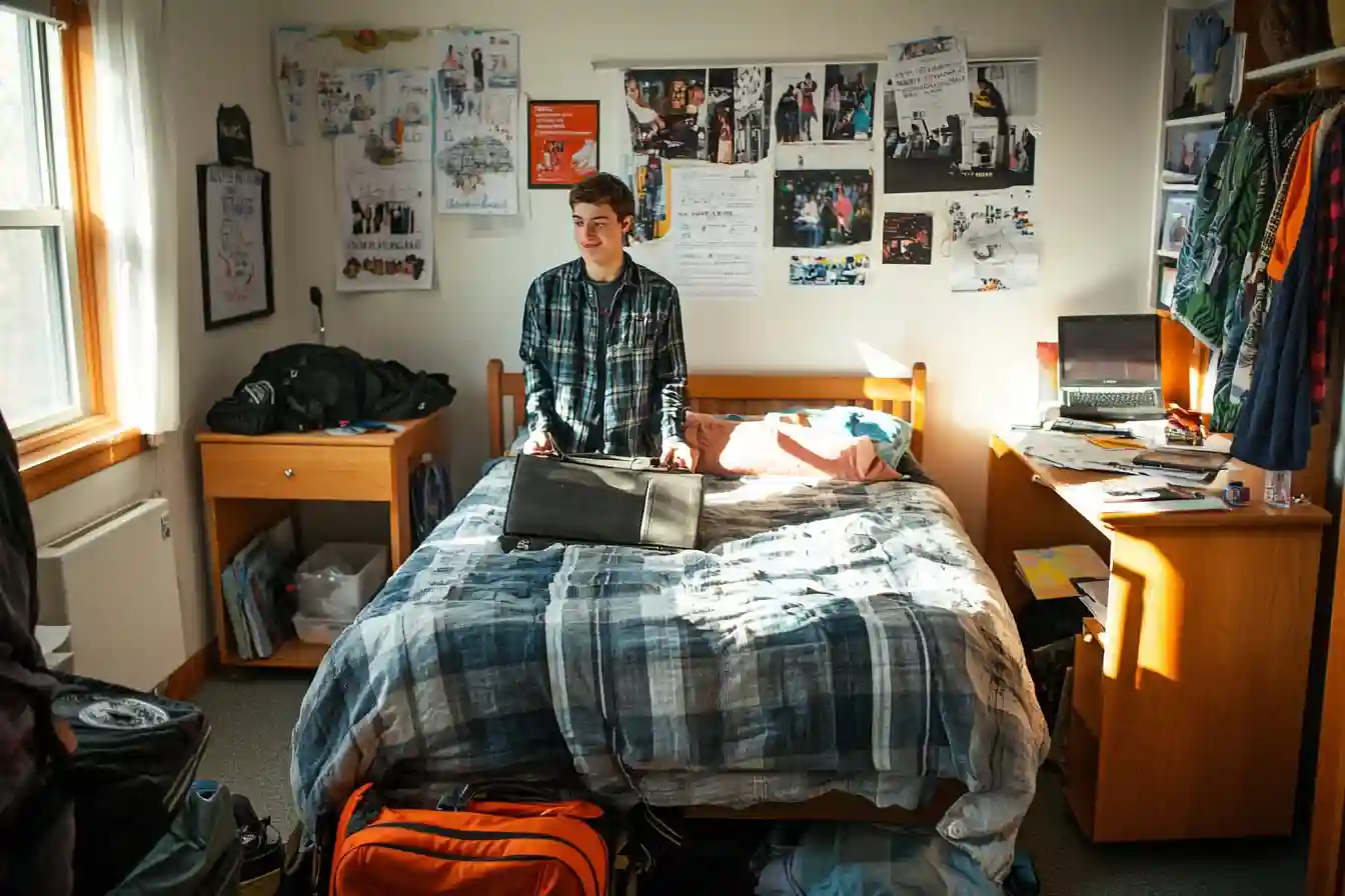 An international student unpacking in a U.S. dorm room, placing photos on the wall, with an open suitcase and welcome materials from the international student office.