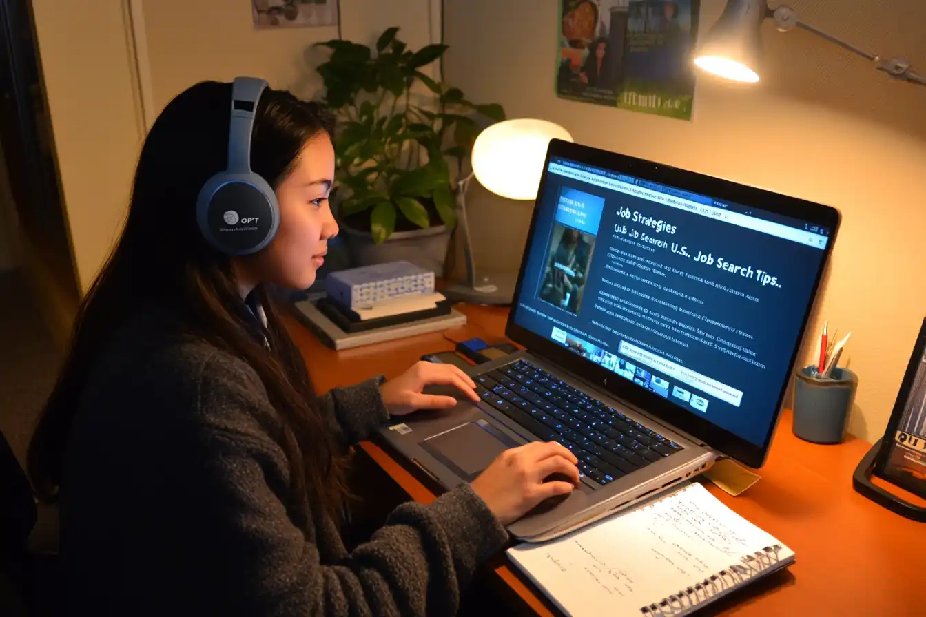 An international student attends a virtual job search webinar in a dorm room, taking notes on OPT job strategies.