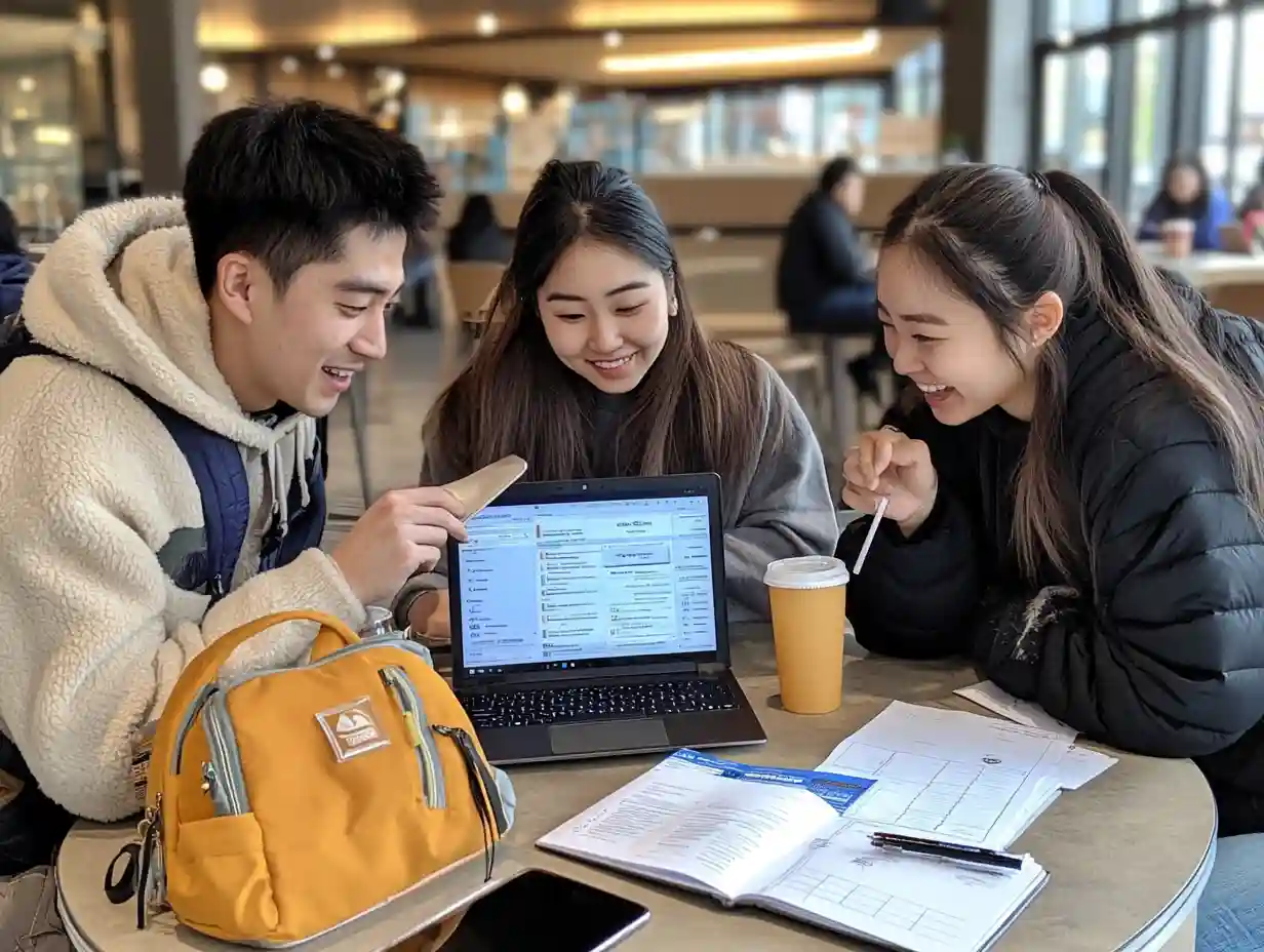 Three international students collaborating in a student lounge, comparing universities on a laptop, surrounded by checklists, notebooks, and backpacks—highlighting shared planning and peer support.