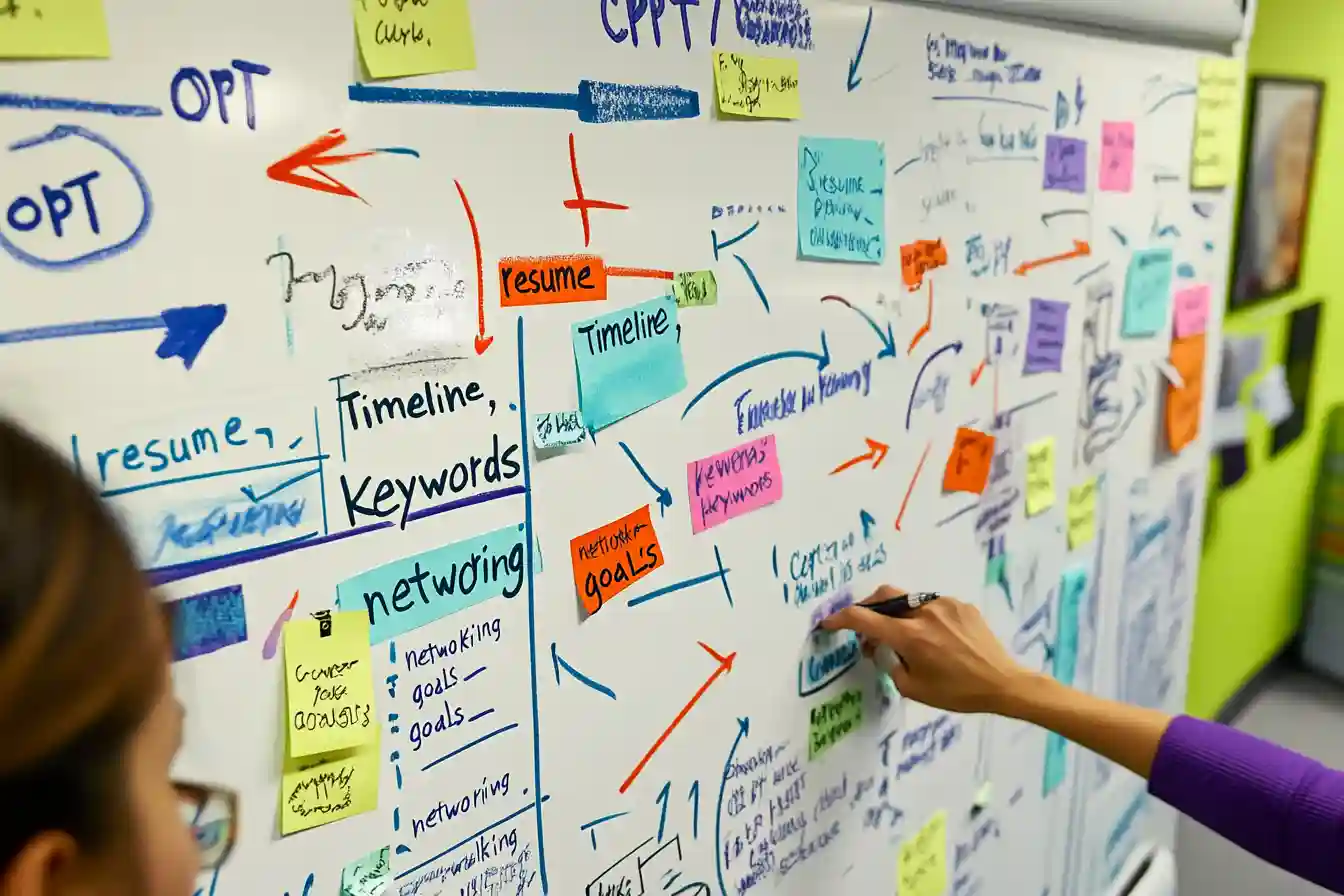 A whiteboard filled with CPT and OPT job search notes, resume tips, and a student planning their U.S. job search strategy.