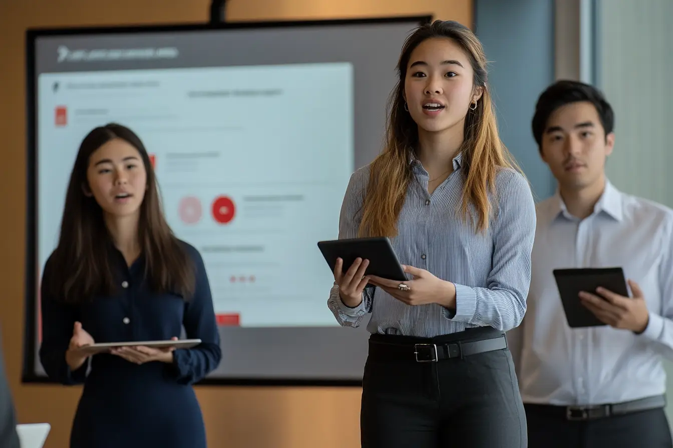 International MBA students pitching a startup idea during a dynamic business competition in a classroom setting.