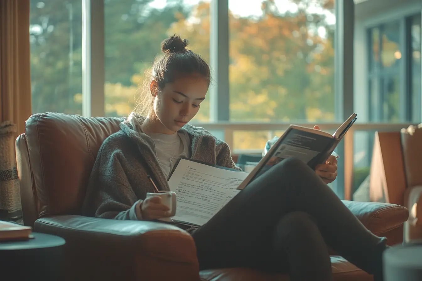 International STEM MBA student studying a business case in a quiet, modern lounge with textbooks, notes, and soft sunlight.