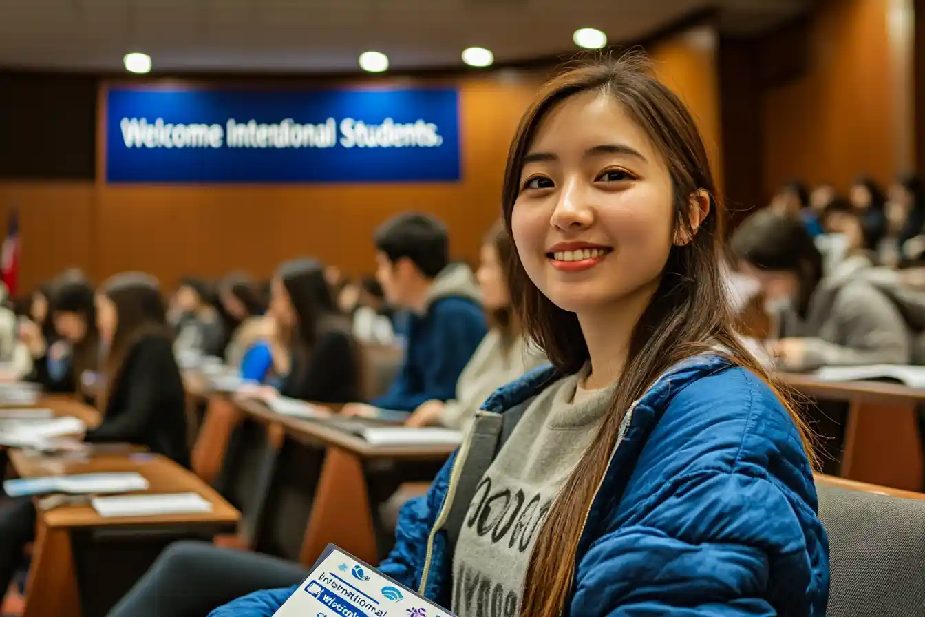 An international student attending a university orientation session with a welcome packet, surrounded by other students and “Welcome International Students” signage in the background.