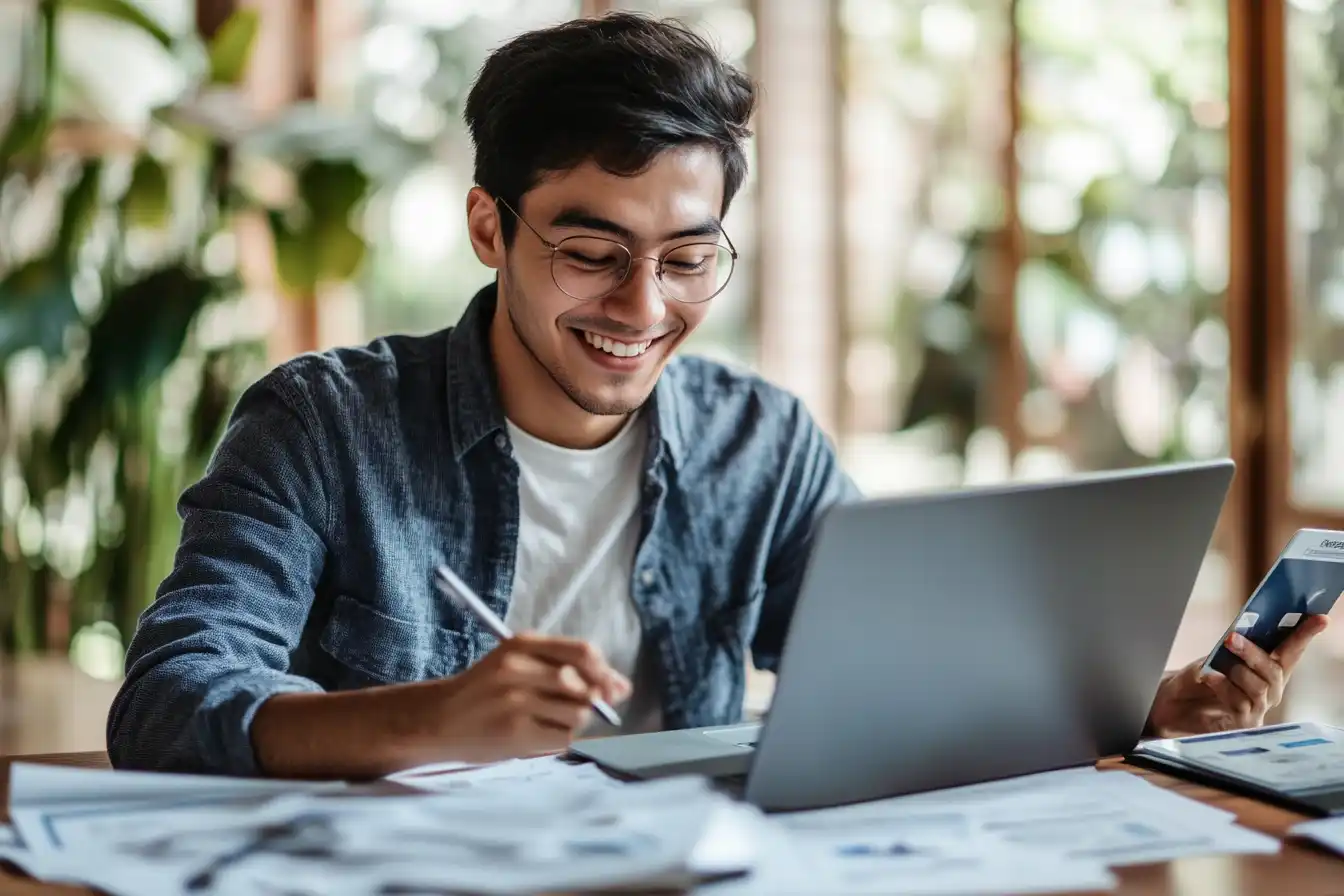 International student planning career and finances at home, with a STEM OPT checklist, budget app, and MPOWER support tools visible.