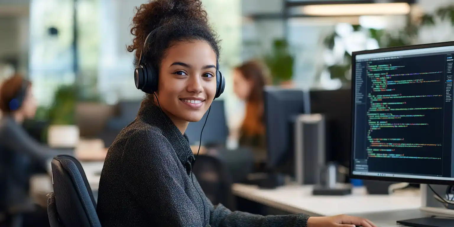 International STEM graduate working at a U.S. tech company desk with code and data on screens, representing STEM OPT job opportunities.