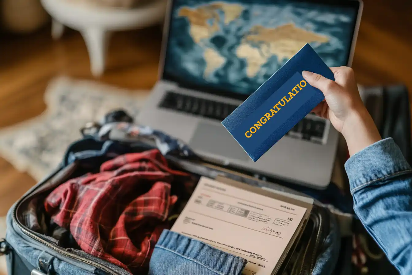 Excited student celebrating their university acceptance while packing a suitcase with essentials for studying abroad.