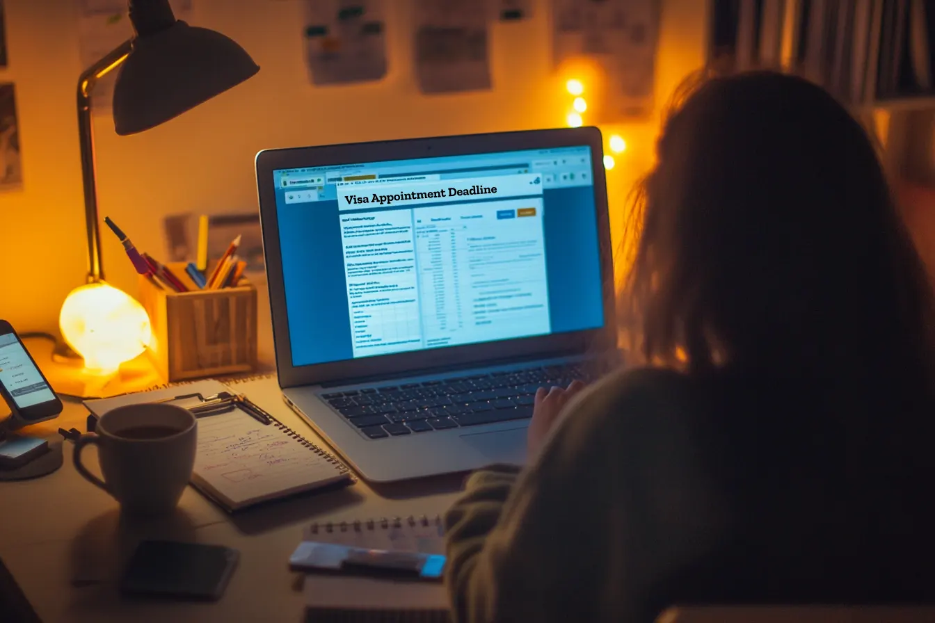 Focused student studying late at night with a laptop showing a study permit checklist and reminders about scholarships and visa appointments.