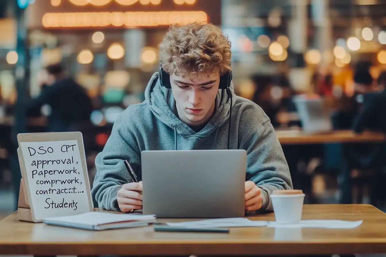 ​​International student reading an online job offer on a laptop at a coffee shop, with a checklist for CPT approval and visa paperwork