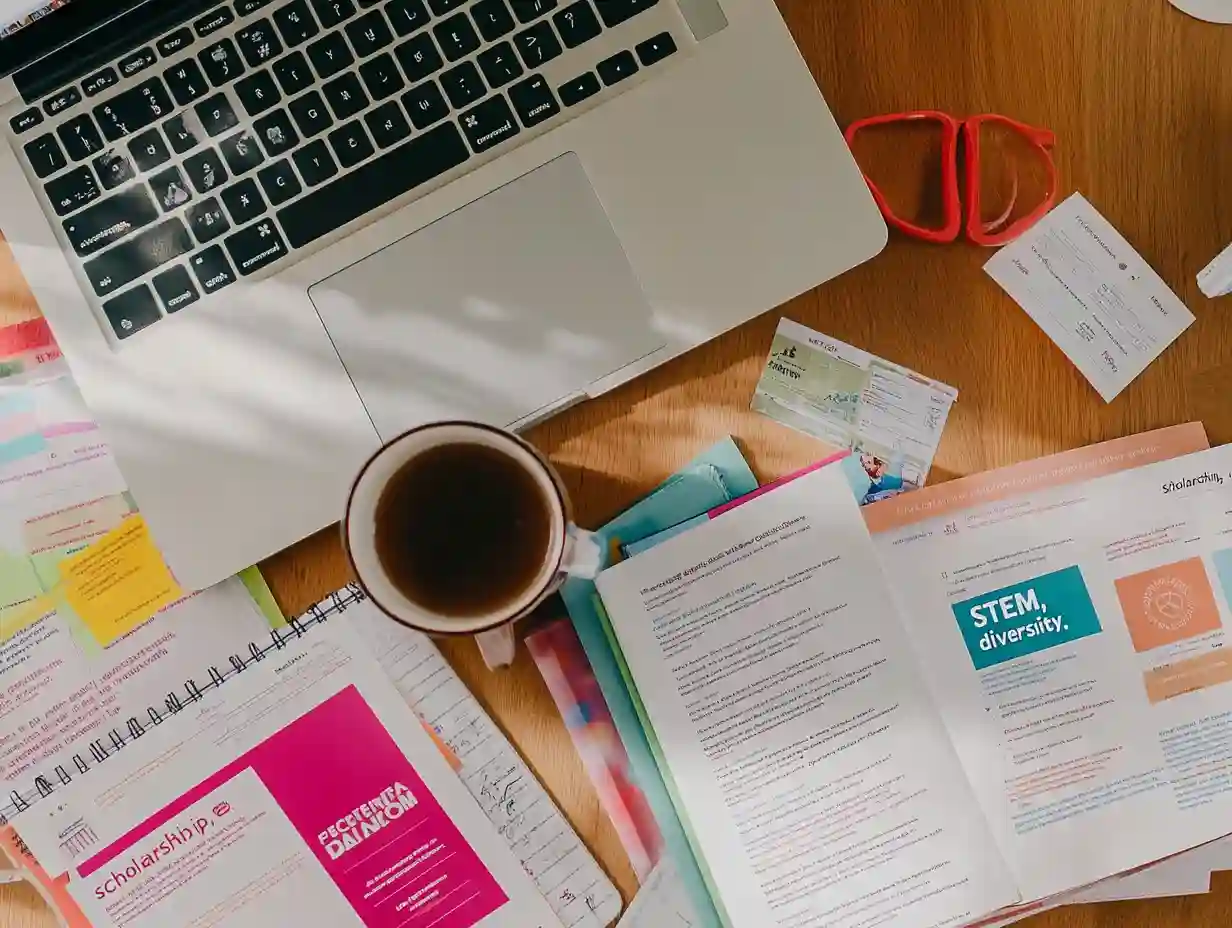 Overhead view of a study table with U.S. university brochures, handwritten notes, a laptop showing a university homepage, and a mug of tea—capturing a student's research process when planning to study in the U.S.