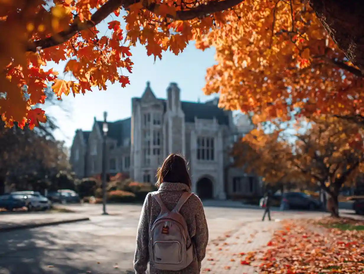 Insert Image alt text hereInternational student walking across a university campus in autumn, with colorful trees and a classic brick building in the background.