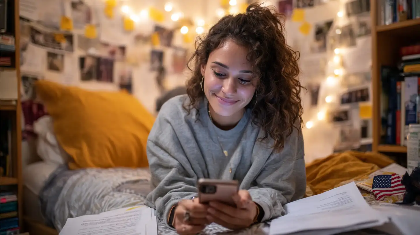 Insert Image alt text hereStudent reading loan approval email on phone in dorm room