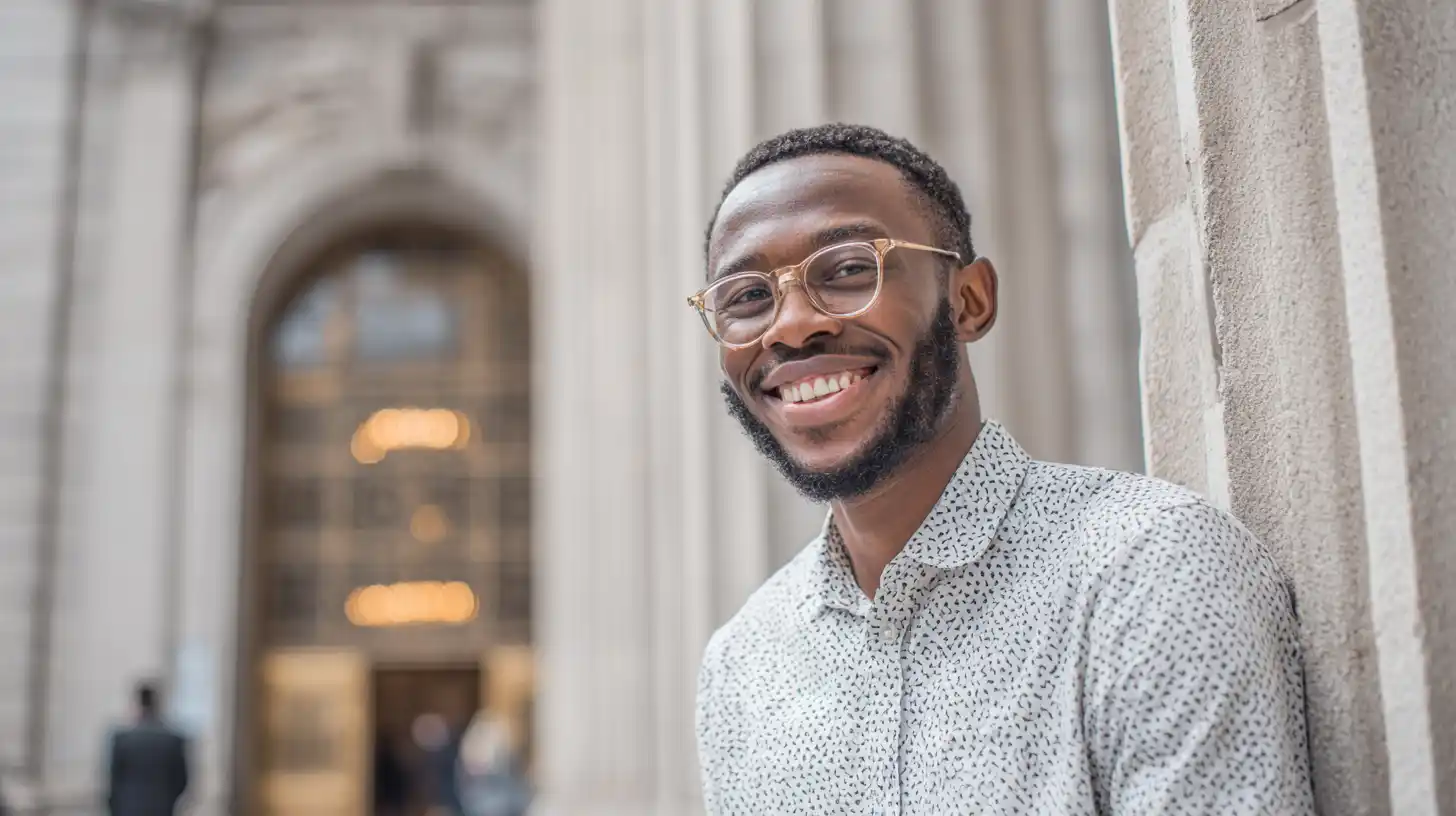 Insert Image alt text hereConfident international student outside a university library, smiling about their academic and financial journey
