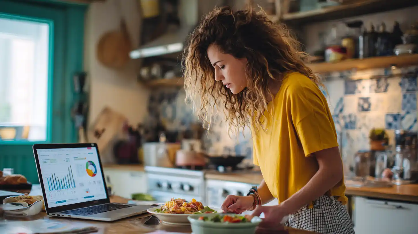 Insert Image alt text hereStudent preparing a simple meal in a shared dorm kitchen, with a laptop open to a loan comparison chart, highlighting practical budgeting while studying abroad.