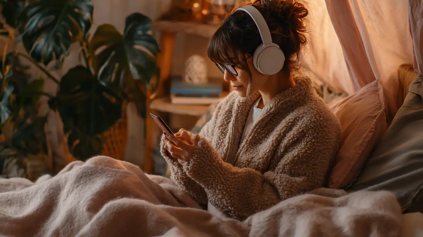 Insert Image alt text hereStudent using a budgeting app in a cozy study area with headphones, a plant and a blanket