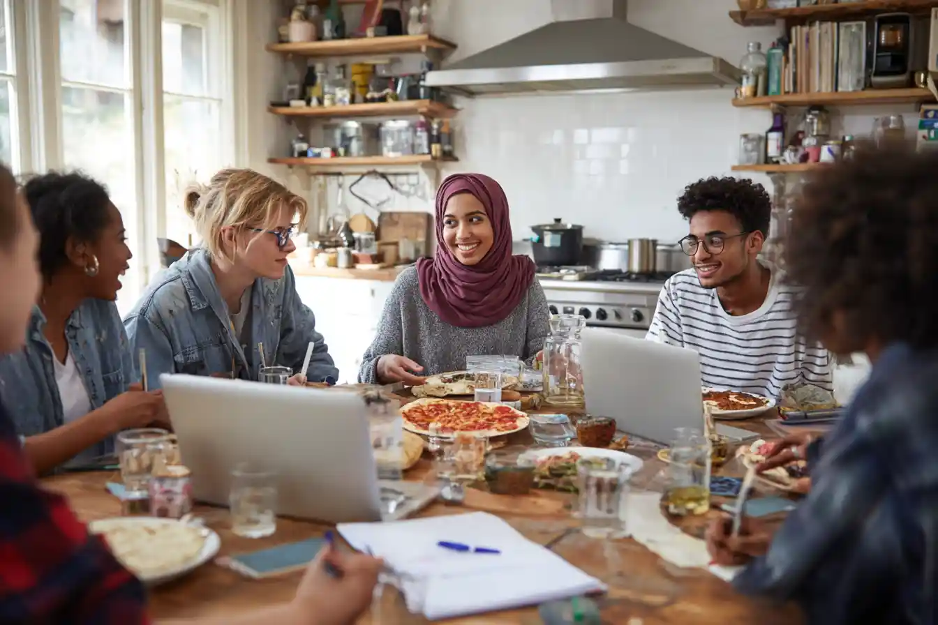 A multicultural group of postgraduate students gathered around a dorm kitchen table, sharing a meal while discussing budgeting with laptops and notepads.