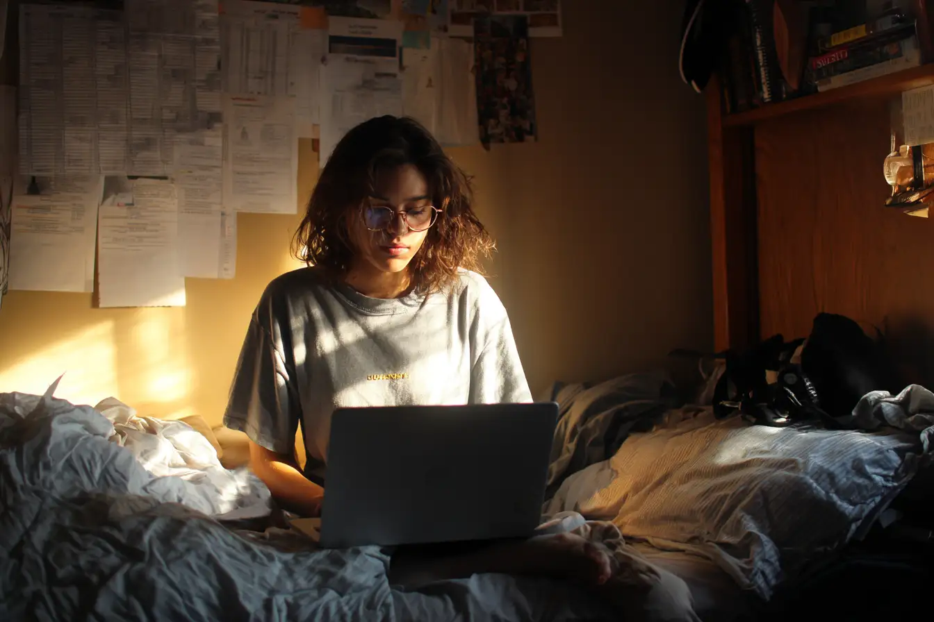 A serious international student in a small dorm room, working on a laptop and reviewing a personal finance spreadsheet, planning for real-life expenses.