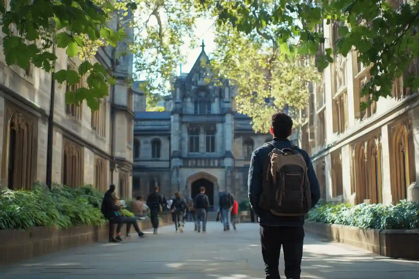 International master’s student exploring a university courtyard, inspired by the architecture and academic environment