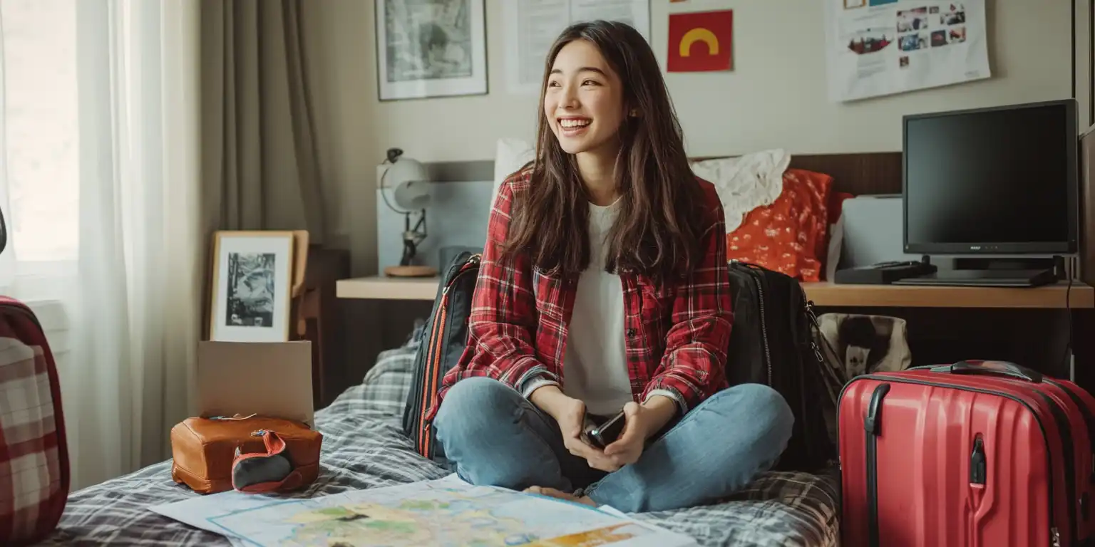 Newly arrived international student video calling family from a dorm room, surrounded by luggage and university orientation materials