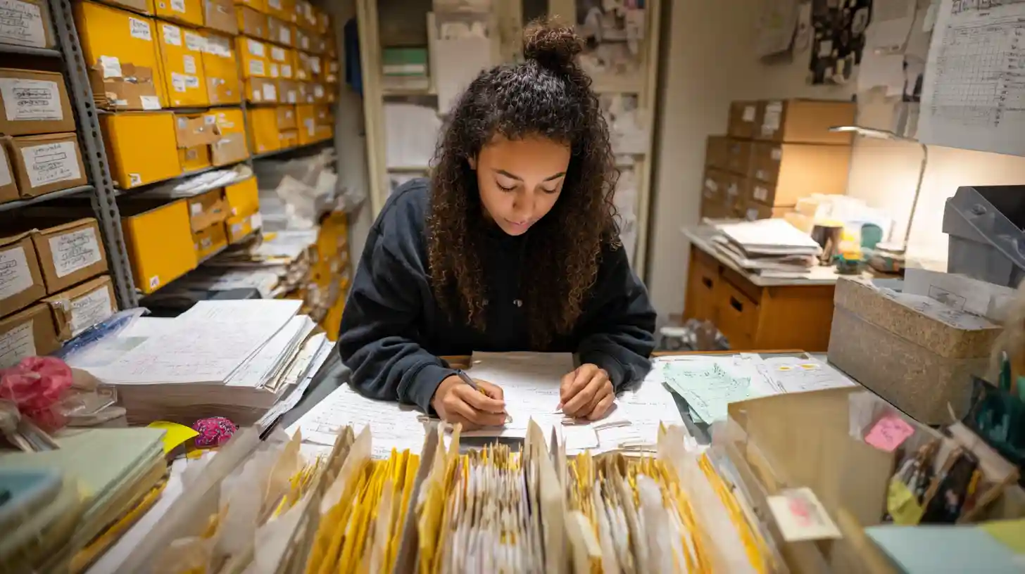 Student organizes U.S. visa documents at a desk.