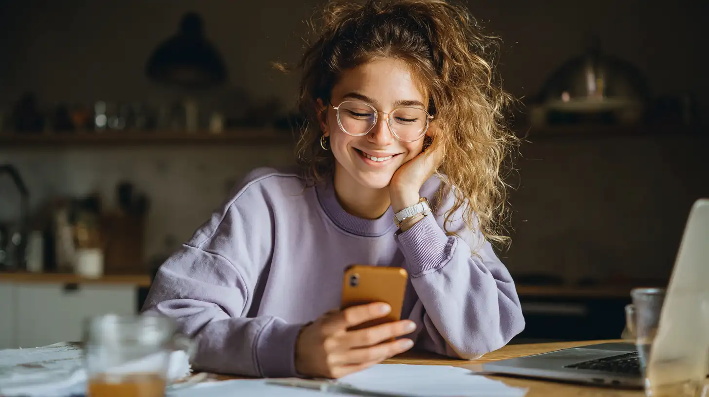 Student smiles at visa approval email with laptop and documents nearby.