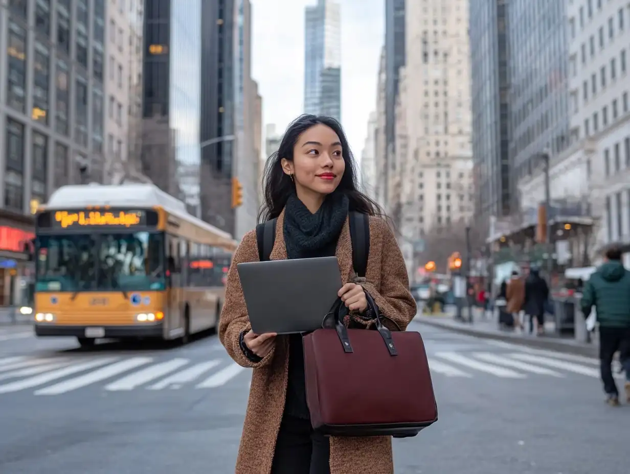 An international student in professional attire confidently walks through a busy U.S. city street, holding a laptop bag and coffee cup, with skyscrapers and morning commuters in the background, symbolizing ambition and opportunity.