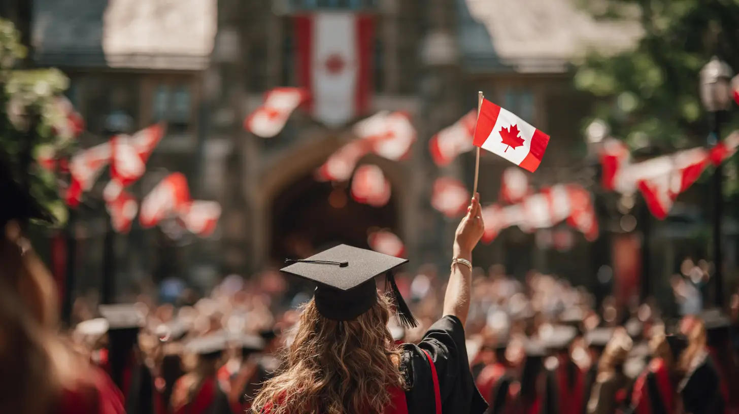 International student celebrates graduation with Canadian flags in the background.