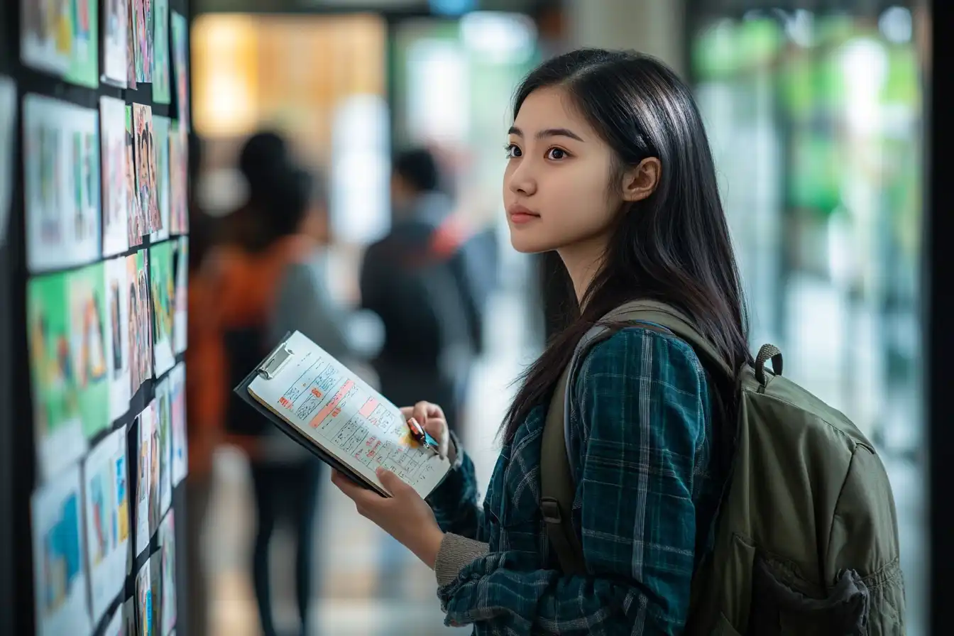 An international student reviewing job listings on a campus job board, with a backpack and notebook in hand, symbolizing proactive steps to find part-time work and internships.