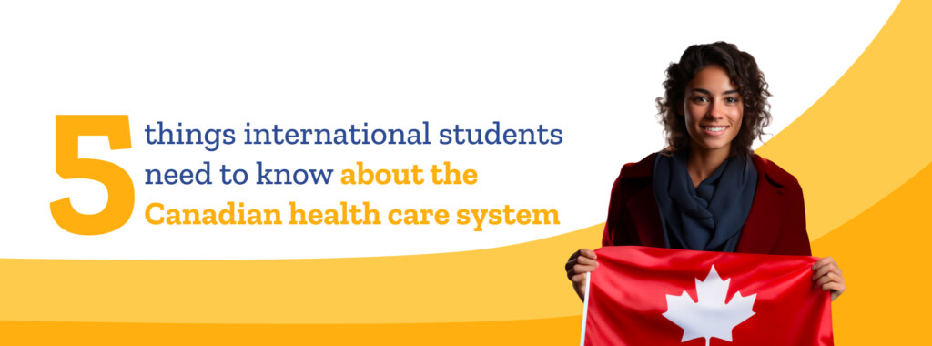 Female international student smiling and holding a Canadian flag