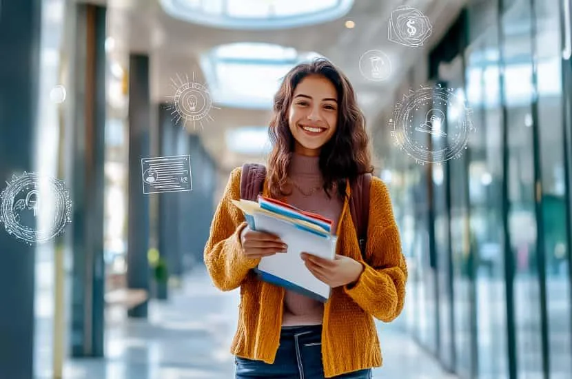 International student holding several documents in a university building