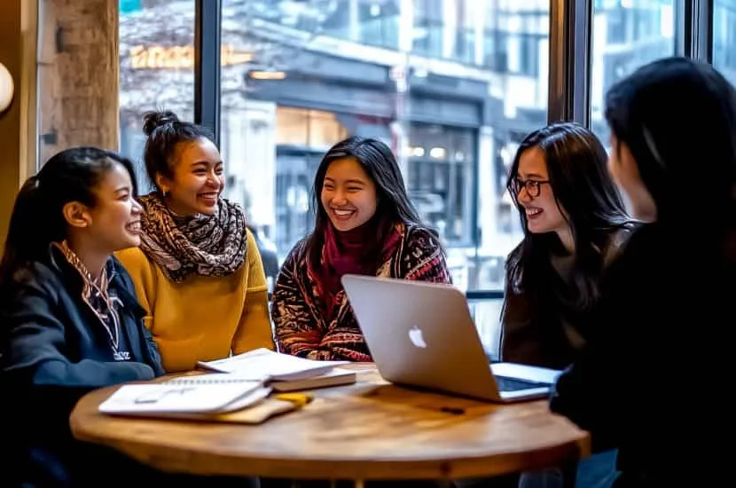 International students in a cafe around a laptop