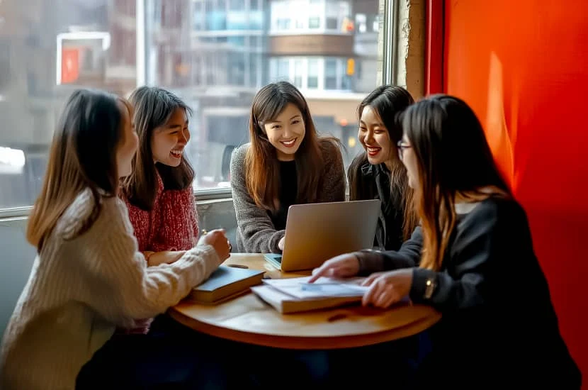 Group of international students looking at a laptop